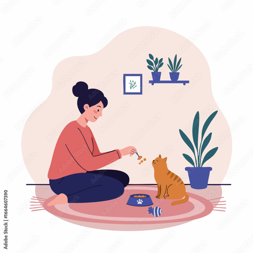 Obraz premium A caring young woman lovingly plays with her ginger cat in a cozy home setting, enjoying a moment of companionship and pet bonding
