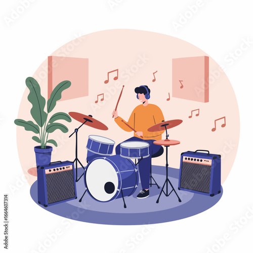 Man Playing Drums in Music Studio A Creative Expression Through Rhythm