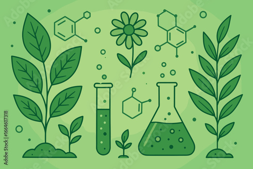 Biology laboratory background with plants and biochemistry structures. Green chemistry concept for science and nature research. Modern flat vector illustration of biotechnology.