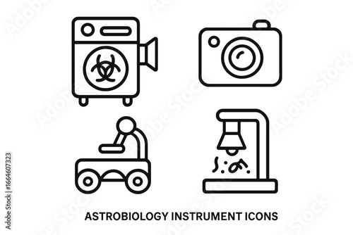 Astrobiology instrument icon set. Outline icons of biosignature, spectrometer, fluorescence detector, rover microscope. Space science research and exploration vector symbols.