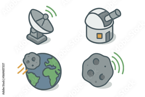 Asteroid tracking icon set. Isometric vector illustration of near-Earth object detection. Planetary defense concept with radar dish, telescope observatory, and asteroid threat.