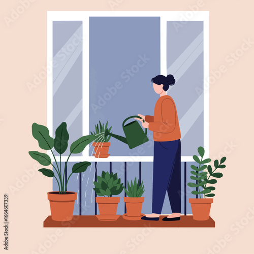 Woman watering potted plants on a balcony, enjoying home gardening. Creating an urban green space and a tranquil domestic environment with mindful plant care