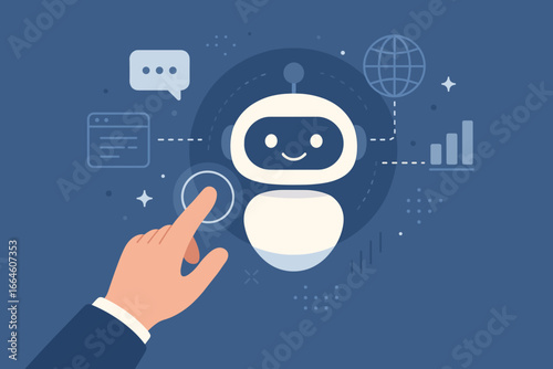 AI chatbot and virtual assistant concept. Hand touching a digital robot interface for customer support, data access and machine learning. Global network and data analytics.