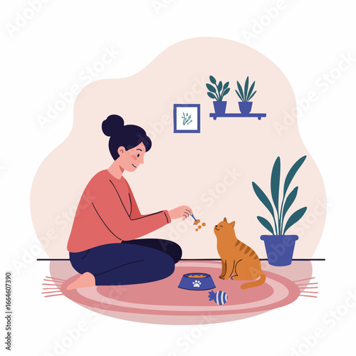 A caring young woman lovingly plays with her ginger cat in a cozy home setting, enjoying a moment of companionship and pet bonding