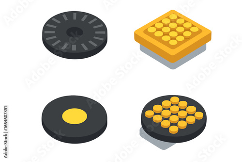 Astronomy tools isometric icon set. Vector graphics of direct imaging techniques like coronagraph masks and adaptive optics mirrors for advanced telescopes and exoplanet research.