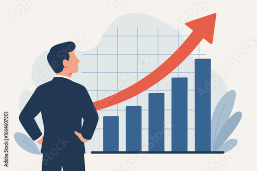 Businessman looking at a rising graph. Concept of business growth, career success. Corporate finance report with arrow up. Investment profit and progress. Flat vector illustration.