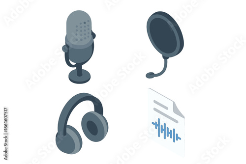 Audio recording isometric icon set. Podcast and streaming equipment. Studio microphone, pop filter, headphones, transcription file. Voice over, broadcast vector sound icons.