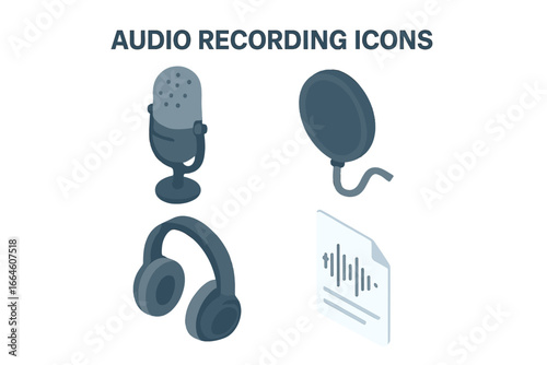Audio recording isometric icon set. Studio equipment for podcast, broadcast, and music production. Microphone, pop filter, headphones, and audio waveform vector illustration.