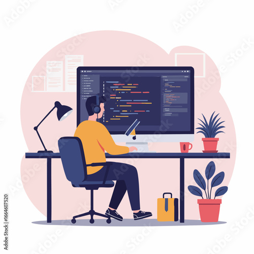 Software Developer at Home Office with Monitors and Plants