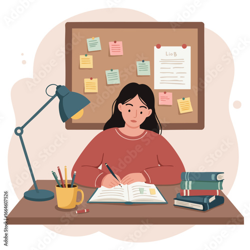 A young woman is diligently studying at her desk, surrounded by books and art supplies, illuminated by a desk lamp in a cozy room