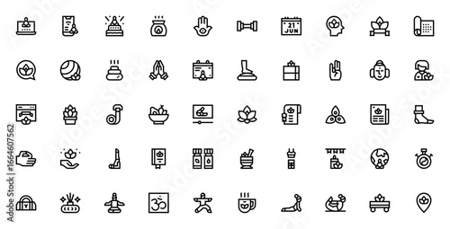 International Day of Yoga icon set. Vector illustration. Features symbols for yoga mat, meditation, om, chakra, balance, pose, wellness, celebration and more. Editable stroke.