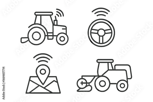 Autonomous tractor and smart farming outline icons set. Driverless machinery, GPS navigation, and agricultural automation concepts. Vector illustration for precision agriculture.