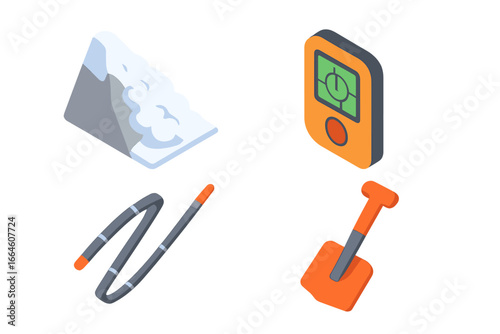 Avalanche safety and rescue equipment icon set. Isometric vector illustration of essential winter survival gear. Includes avalanche beacon, probe, shovel and snow-covered slope.