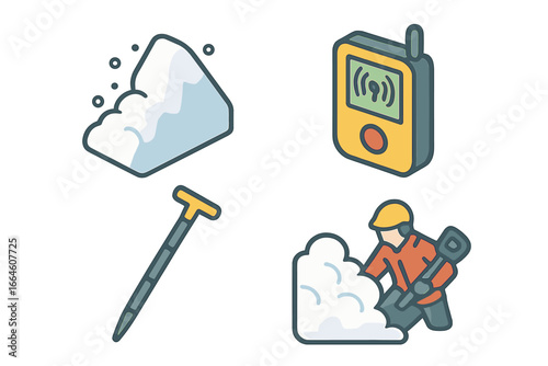 Avalanche rescue and safety icon set. Isometric vector illustration of essential survival equipment: beacon, probe, and shovel. Winter mountain emergency and rescue concept.
