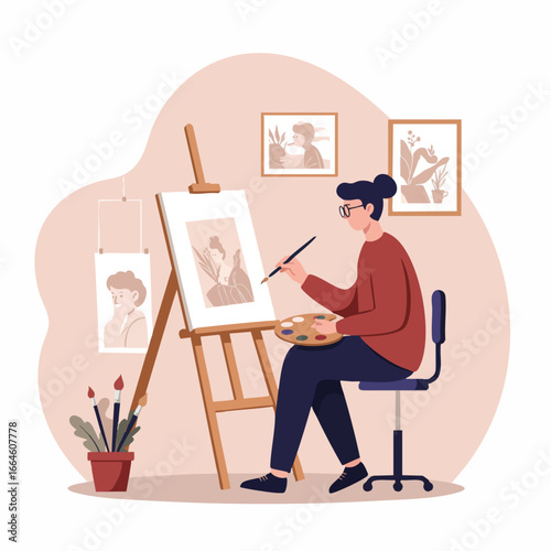 Artist Creates Portrait in Studio, Illustrative Artwork, Creative Environment, Inspirational Viewpoint