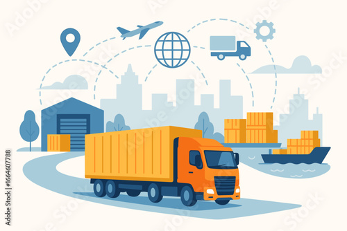 Global logistics network and supply chain concept. Smart transportation with truck, ship, plane. Freight distribution, cargo container shipping for import and export business.