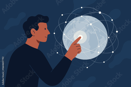 Man touching global network connection. Metaverse, digital world, internet communication concept. Future technology, data exchange, worldwide business. Modern flat vector illustration.