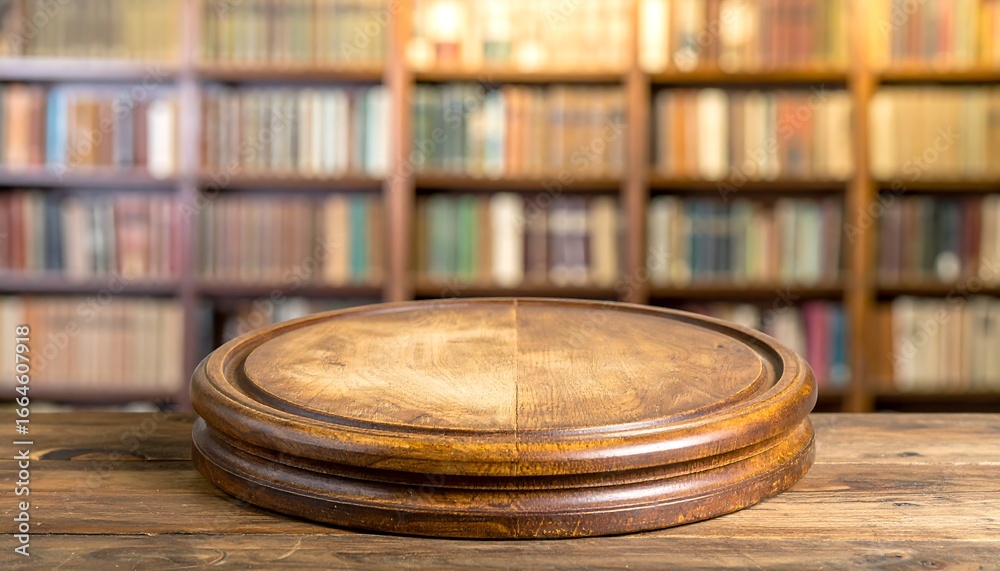 Obraz premium A circular wooden surface, nestled on a rustic wooden table, evokes a library setting with numerous books lining the backdrop.