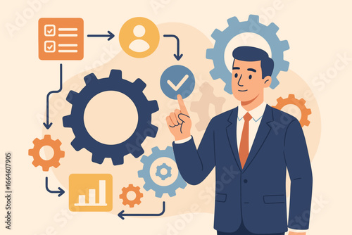 Business process management and workflow automation diagram with gears. Manager touching an interface for efficient business operation and smart control. Modern flat vector illustration
