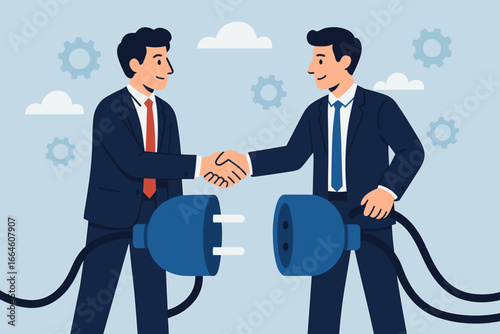 Business connection, partnership agreement for success. Teamwork, collaboration metaphor. Businessman shaking hands to connect, join forces. Synergy concept with electrical plug.