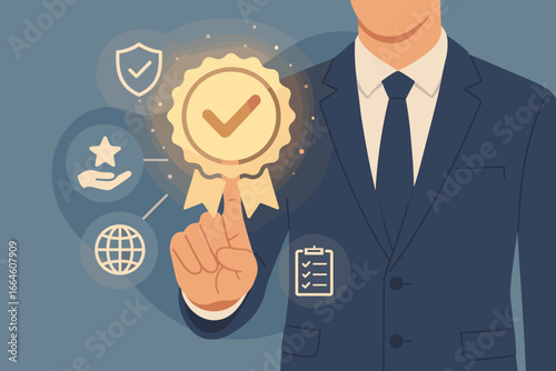 Businessman hand touching quality assurance seal. Guarantee, standards, ISO certification, and standardization concept. Top service, excellence, and quality control process.