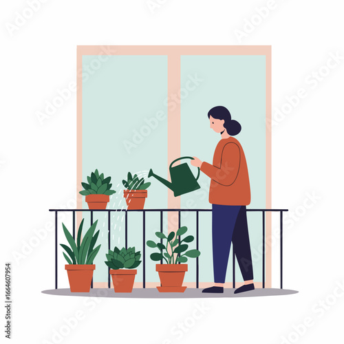 A young woman enjoys her urban gardening hobby, watering lush green houseplants in terracotta pots on her city apartment balcony