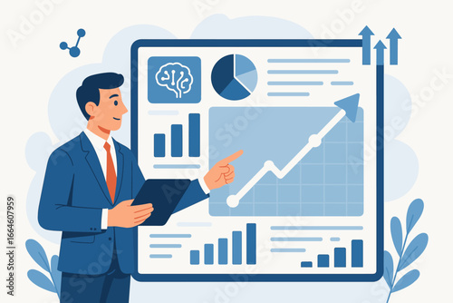 Businessman analyzing market and business growth data using AI systems. Man presenting charts, diagrams on a screen. Financial analytics report. Modern flat vector illustration.