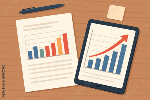 Business document report on paper and tablet with sales data and financial growth graph. Investment analysis, marketing statistics, company success and profit concept vector.