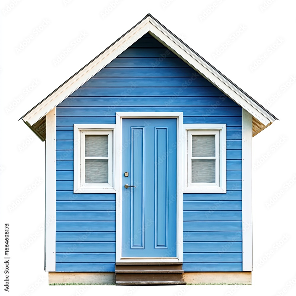 Fototapeta premium Small, bright blue house with white trim and windows