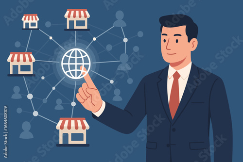 Businessman managing franchise business with a global network connection. Hand touching an icon for marketing system, store branch expansion and customer management. Vector.