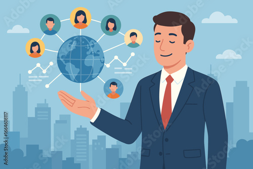 Businessman holding global network and customer data. International business, CRM technology, social media communication, worldwide team management, and marketing analytics concept.