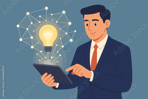 Businessman using tablet for new idea. Creative solution and innovation technology concept. Man holding device with glowing light bulb and network connection for business success.