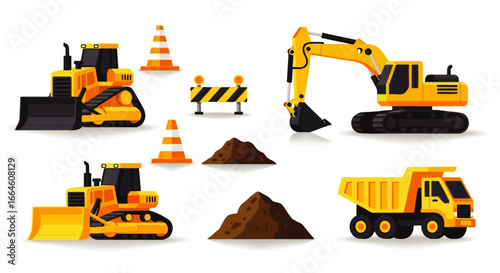 Construction site equipment collection essential vehicles like bulldozers, excavators, dump trucks, plus safety cones, barriers, and dirt piles
