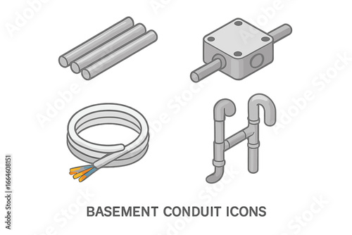 Isometric icon set of basement electrical and plumbing components. Vector illustration of metal conduit, junction box, coiled cable, and water pipes for construction or repair.