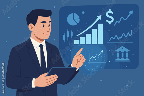 Businessman holding tablet analyzing stock market data. Virtual hologram with growing statistics, graphs, charts. Concept of finance, investment, banking, currency exchange.