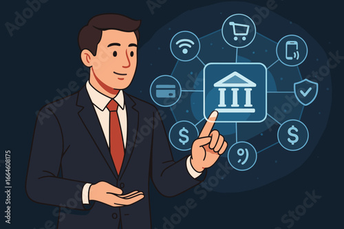 Online banking financial technology concept. Businessman touching virtual screen for mobile payment, e-commerce, shopping, secure transaction. Fintech innovation vector.