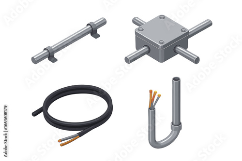 Isometric electrical conduit icon set. Metal pipe, junction box, and cable for wiring. Vector illustration for construction, electrician service, or basement renovation.