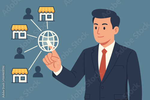 Businessman managing a global franchise network. Concept for business expansion, marketing systems, customer connections, and modern technology for branch management strategy.
