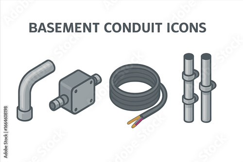 Set of isometric electrical conduit icons for basements. Vector illustrations of metal piping, junction box, power cable, and clamps for industrial wiring and construction projects.
