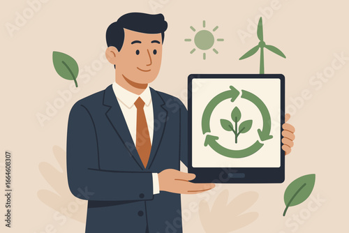 Businessman with tablet shows circular economy icon. Sustainable business strategy. Environment conservation, waste reduction, and recycling for future growth. ESG concept vector.