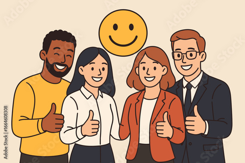 Employee satisfaction concept vector. Workplace happiness and success team motivation metaphor. High employee engagement and participation with positive feedback or good company survey.