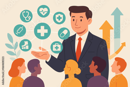 Businessman presents virtual medical network icons. Healthcare concept with health insurance, hospital growth, medicine technology. Public health awareness and medical services.