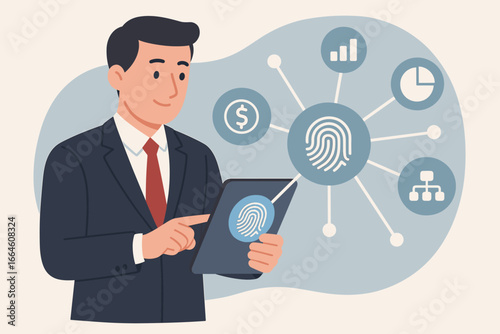 Businessman using tablet with fingerprint scanning to unlock and access business data network. Biometric authentication for corporate security and financial analytics access.