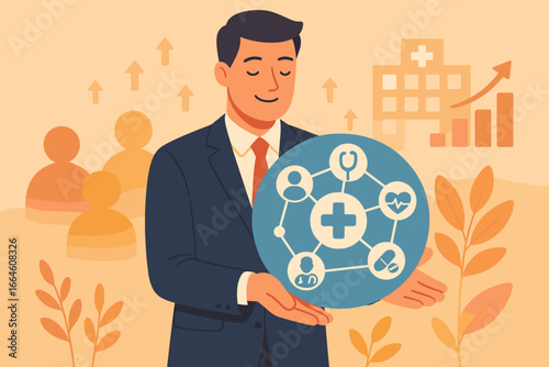 Businessman holding medical network icon. Healthcare management, health insurance, and hospital growth concept. Public awareness for medical services, corporate wellness illustration.