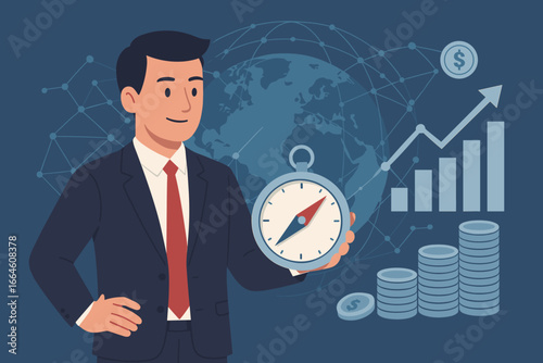Businessman with compass defining investment direction. Financial analysis for stock market growth. Global business strategy, banking, and economic wealth management concept vector.