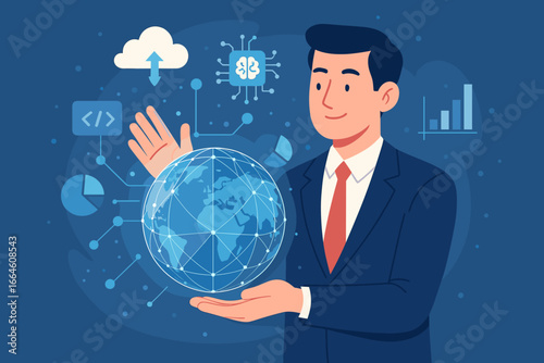 Businessman holding a global network, symbolizing data exchange and future technology innovation. Concept of AI, cloud computing, and digital networking for business growth.