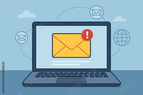 New email message notification on laptop screen. Important online business communication. Alert, spam or phishing warning. Global network connection. Digital letter in inbox.