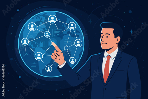 Businessman touching global network, data and customer connection. Worldwide communication and technology management. Modern flat vector cartoon illustration with space background.