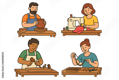 Set of people enjoying crafting hobbies. Man doing pottery, woman sewing, artisan carving wood, and jewelry making. Creative workshop concept. Handmade skills vector illustration.