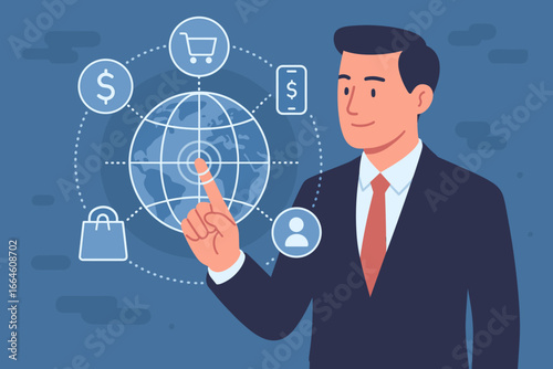 Businessman touching global network for online shopping, digital payments, and customer connection. Concept of m-banking, multichannel, and omnichannel e-commerce strategy.